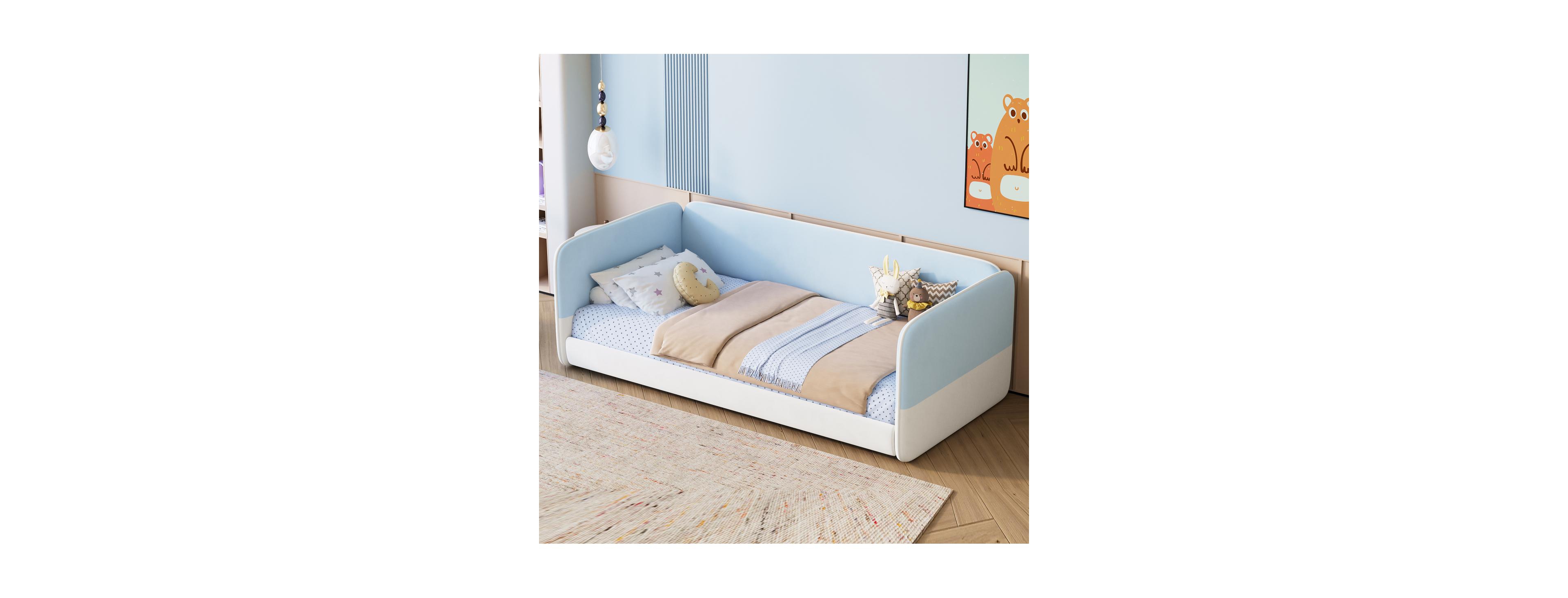 Streamdale Furniture Twin Montessori Floor Bed with Upholstered Headboard and Armrests
