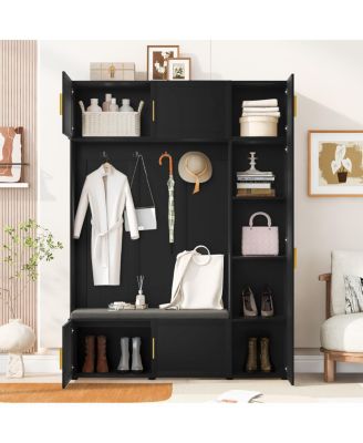 4-in-1 American Style Hall Tree with Padded Bench and Storage