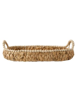 17-Inch Woven Decorative Serving Tray – Large Natural Water Hyacinth Basket with Wood-Bead Trim and Handles