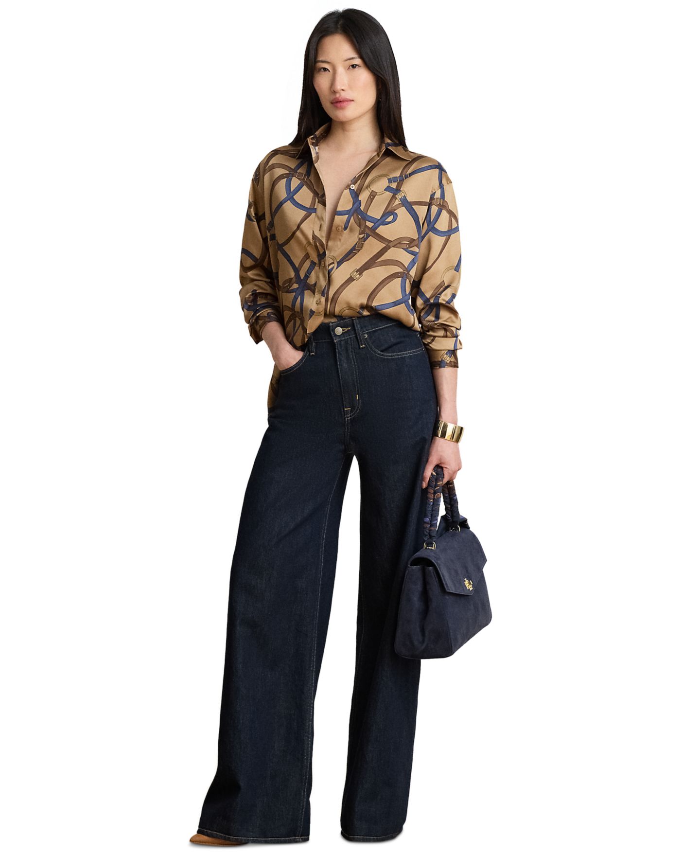 Женская рубашка Lauren Ralph Lauren Belting Print Collared, цвет: Верблюжий разноцветный — фото 2