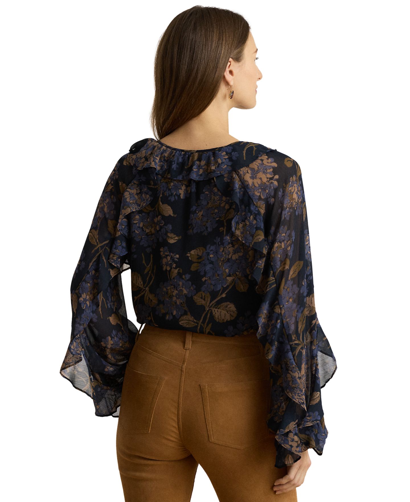 Женская блузка Lauren Ralph Lauren Petite Ruffle-Trim Long-Sleeve, цвет: Тёмно-синий разноцветный — фото 4