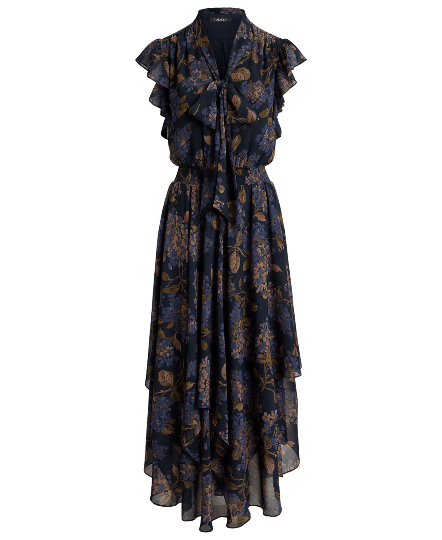 Женское платье Lauren Ralph Lauren Petite Floral Crinkle Georgette Tie-Neck Midi, цвет: Тёмно-синий разноцветный — фото 5