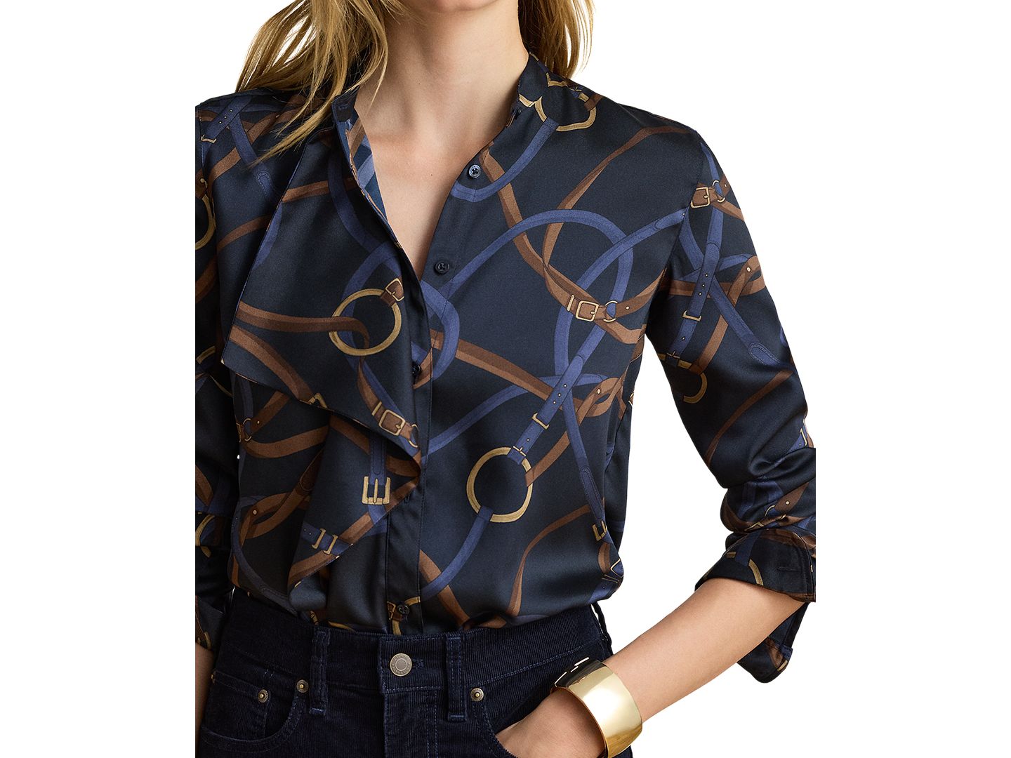 Женская рубашка Lauren Ralph Lauren Belting-Print Ruffle-Trim Twill, цвет: Тёмно-синий разноцветный — фото 4