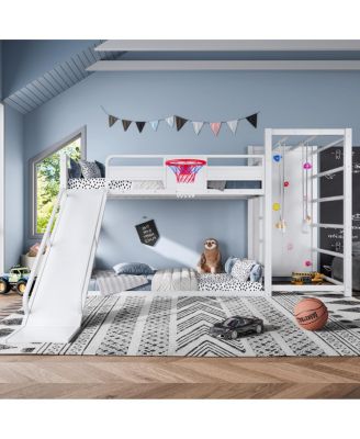 Loft Bed with Basketball Hoop Climbing Wall Slide and Bookshelves