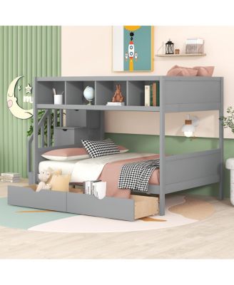 Twin over Full Bunk Bed with Shelfs Storage Staircase and 2 Drawers