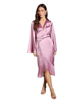 fringe trim long sleeve faux wrap dress Black Coast Satin Fringe Hem Wrap Waist Midi Dress