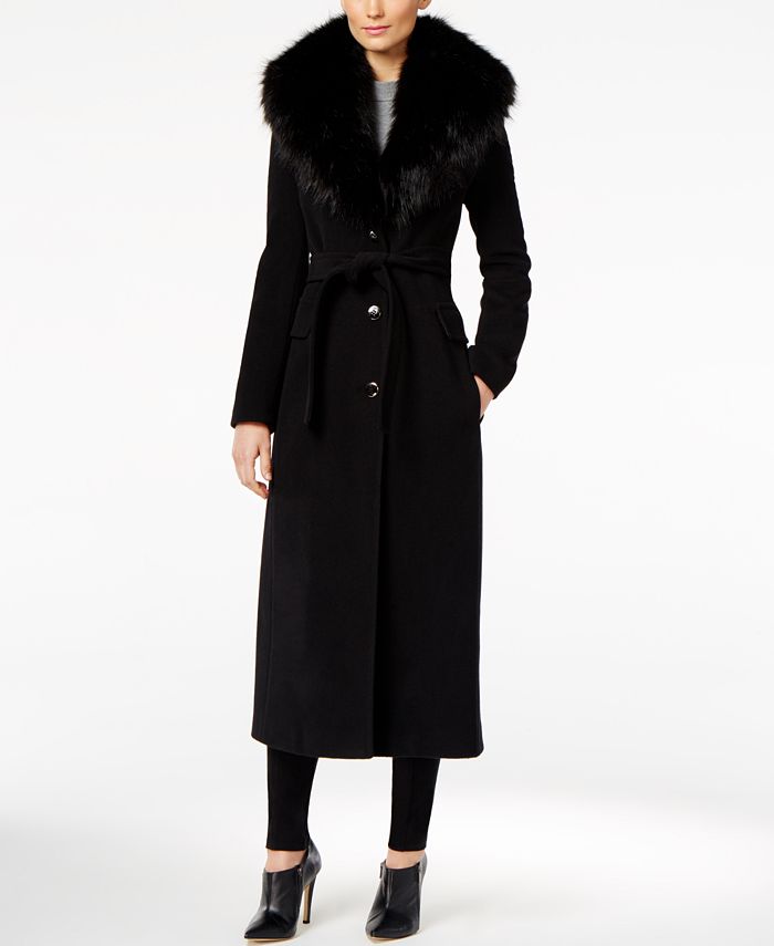 Calvin Klein Faux-Fur-Trim Maxi Coat - Macy's