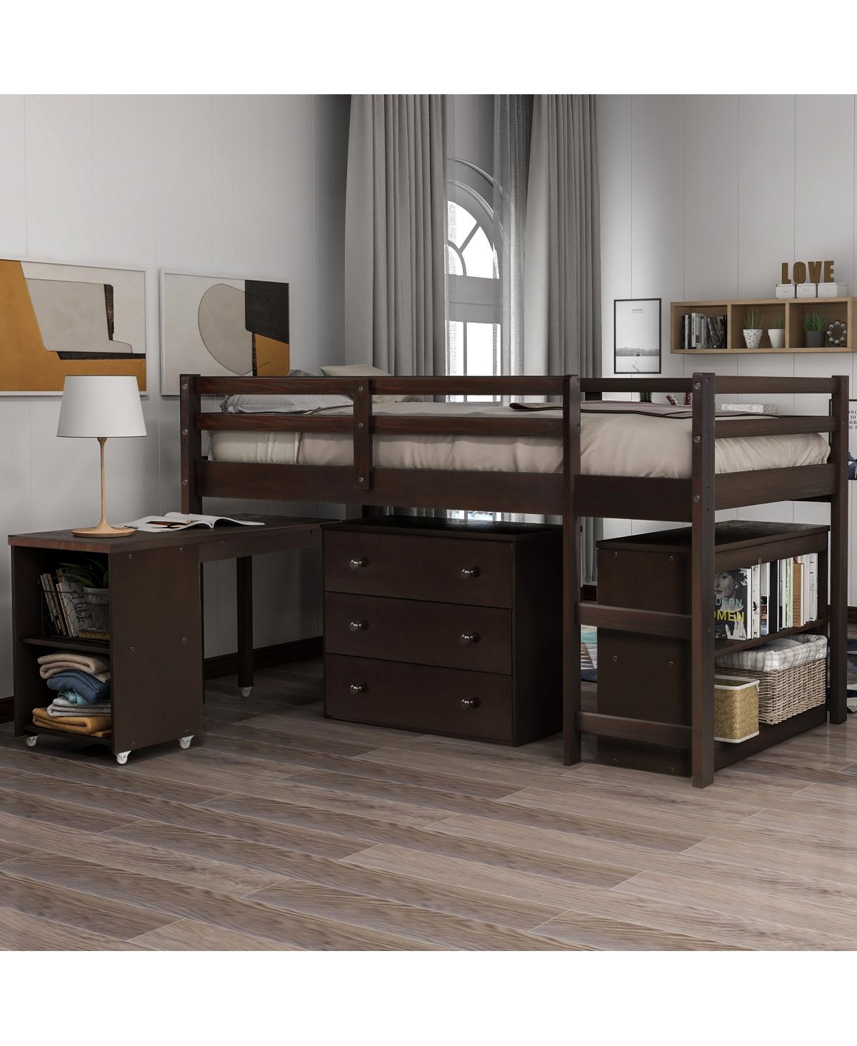 Streamdale Furniture Low Study Twin Loft Bed with Cabinet and Rolling Portable Desk