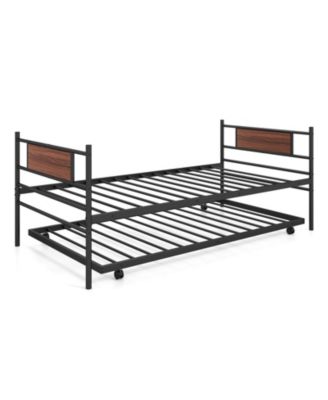 Twin Size Metal Daybed with Trundle and Wood Grain Headboard