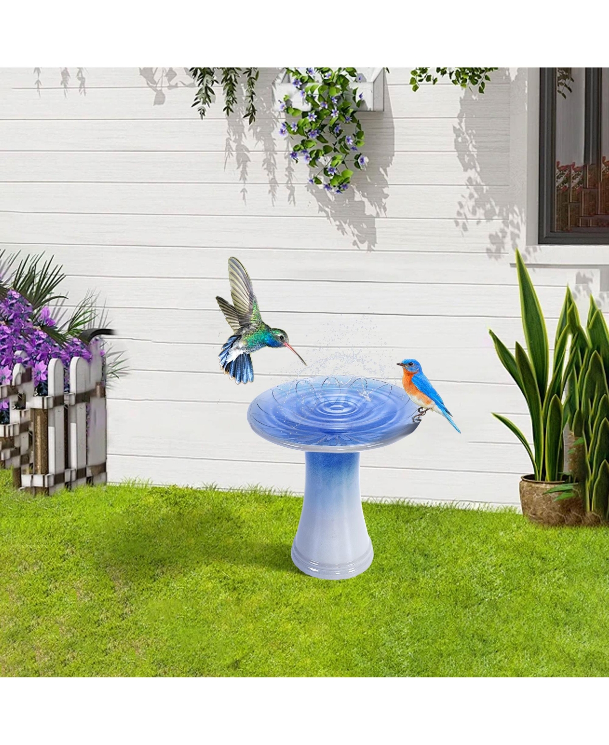 Clihome 17 Inch Ceramic Bird Bath for Outside, Elegant Tall Outdoor Bird Bath for Outdoors with floral Pattern
