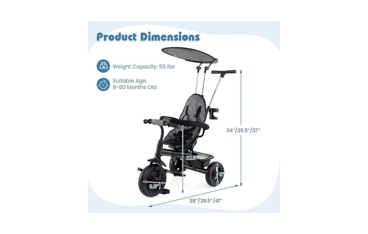 Детская игрушка Slickblue Foldable 7-in-1 Baby Tricycle Stroller with Adjustable Canopy, цвет: Серый / Чёрный — фото 3