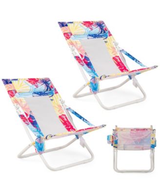 Folding Low Beach Chair Set of 2 Patio Sling Chairs with Padded Head Pillow