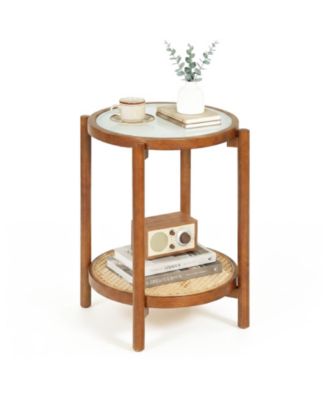 2-Tier Round Side Table w/Tempered Glass Top Storage Shelf Acacia Wood Legs