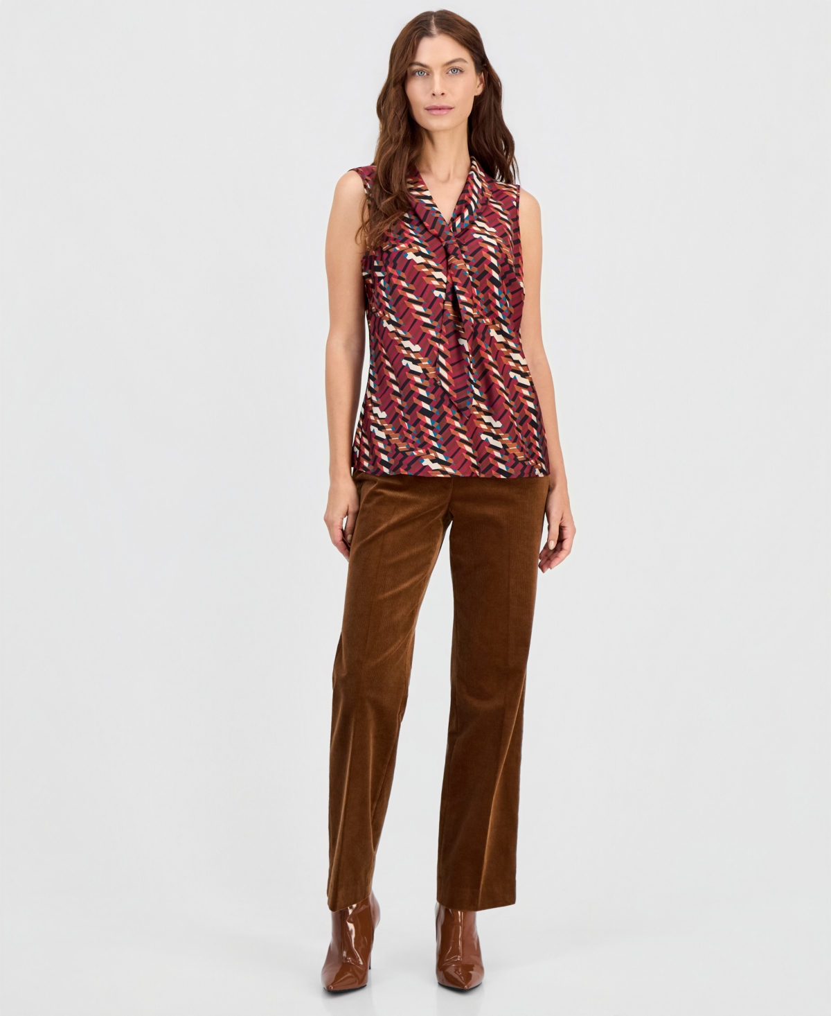 Tahari Asl Petites Sailor Tie Sleeveless V-Neck Geometric Blouse