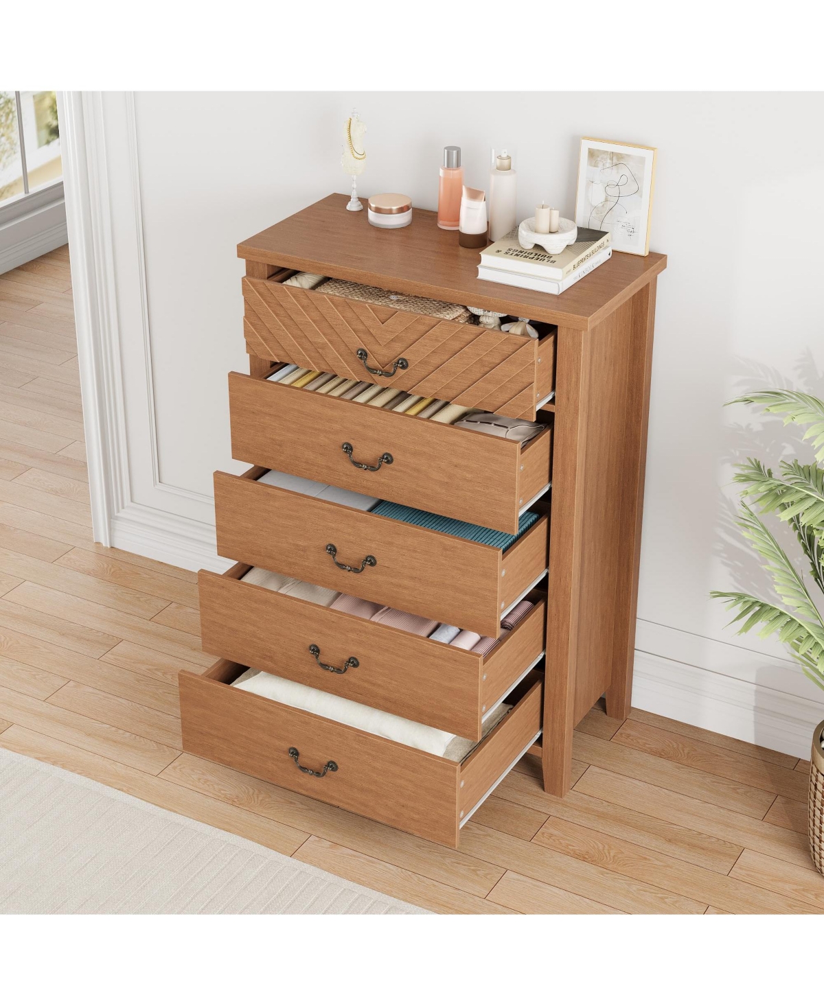 homfan 5 Drawer Dresser with Wide Top and Anti Tip Kit, Tall Storage Chest for Bedroom, Nursery, Living Room, Entryway