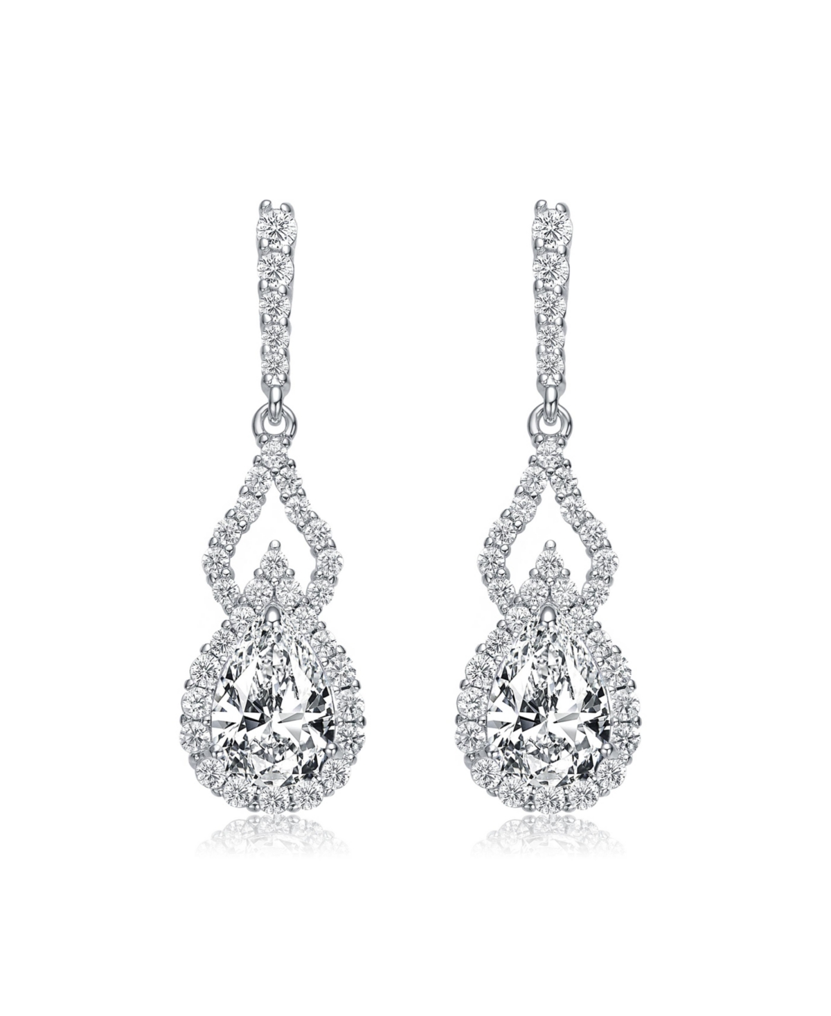 Sterling Silver with Rhodium Plated Clear Pear and Round Cubic Zirconia Halo with Open Pear Drop Earrings