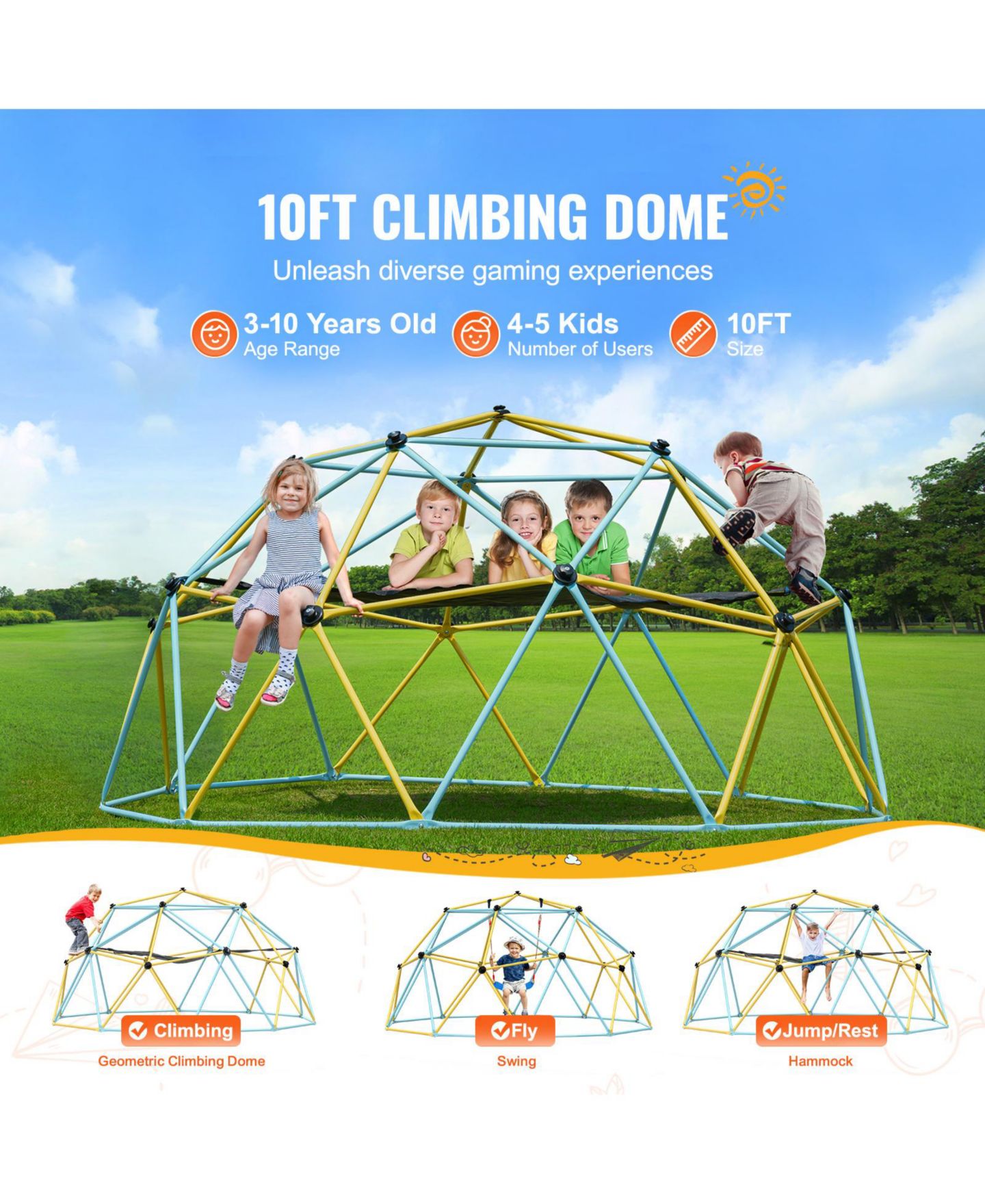 Детская игрушка VEVOR Geometric Dome Climber with Swing, Fits 4-5 Kids, 3–10 лет, цвет: Чёрный — фото 2