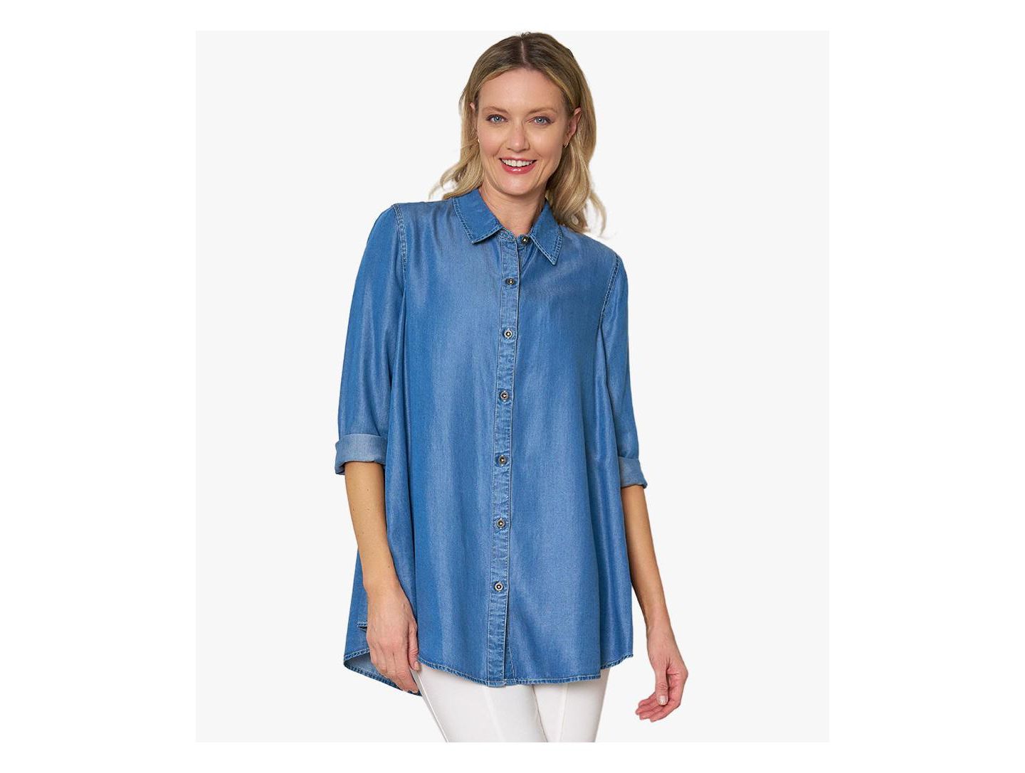 Женский топ Stella Carakasi Collared Denim Long Sleeve Button-Front Prime Time Tunic, цвет: Средняя варка — фото 7