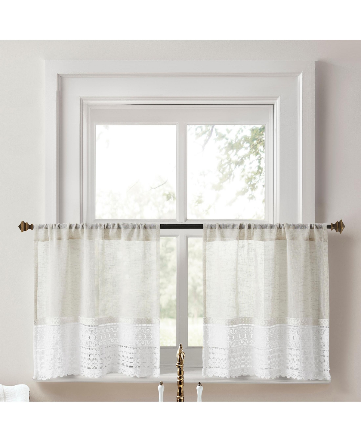 No. 918 Camille Macrame Lace Trim Sheer Rod Pocket Kitchen Curtain Tier Pair