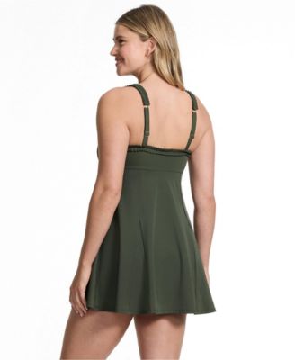Women's Tugless Pleated Ruffle Swim Dress
