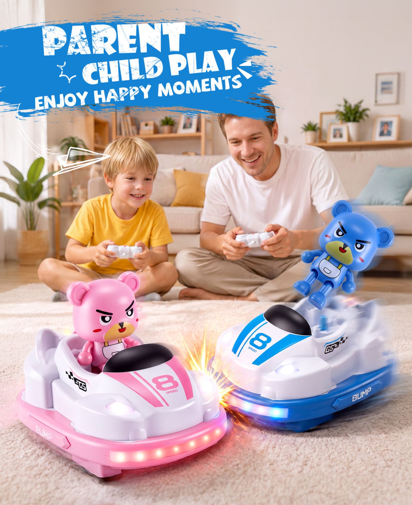Детские игрушки SUGIFT RC Bumper Cars Toys 2 Pack Kids LED Battle Set with Pop Up Figures, цвет: Розовый / Синий — фото 11
