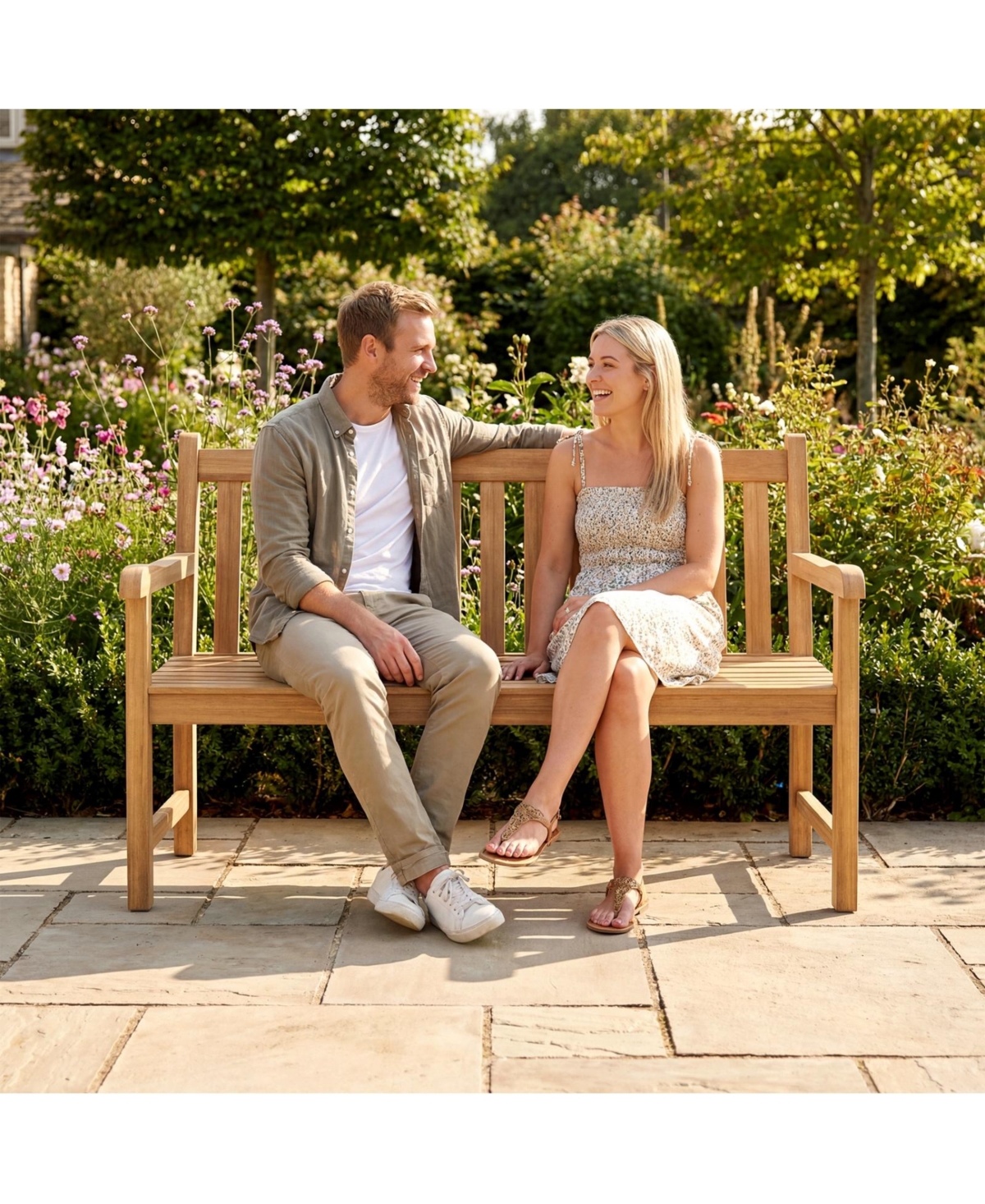 Sugift Teak Wood Outdoor 3-Seat Porch Bench with Curved Armrests and Slatted Backrest