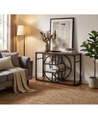 Industrial 5-Tier Console Table with O-Shaped Metal Frame, 55" Narrow Entryway Table with Storage Shelves