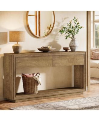 63" Console Table with 2 Drawers, Farmhouse Entryway Table with Open Storage Shelf, Wooden Sofa Console Behind the Couch