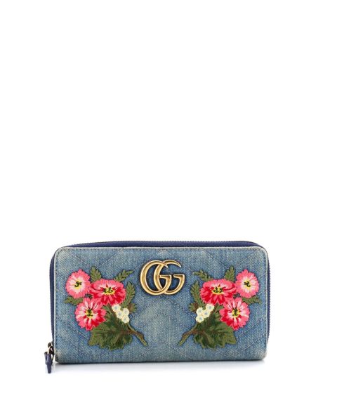 Pre-Owned Gucci GG Marmont Zip Around Wallet Embroidered Matelasse Denim