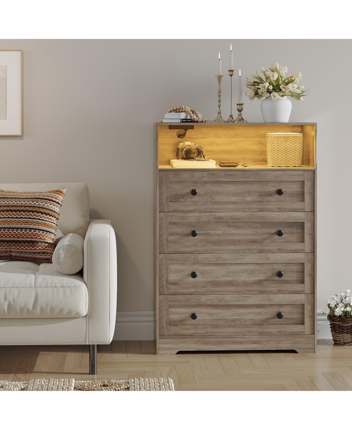homfan Tall 4 Drawer Dresser with Led Light and Charging Station, Slim Storage Chest for Bedroom, Closet, Entryway, Living Room