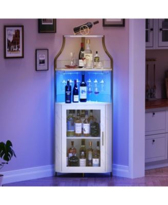 Corner Wine Cabinet with Detachable Wine Rack, 5-Tier Industrial Corner Bar Cabinet with Barn Door and Glass Holder, Farmhouse Buffet Cabinet