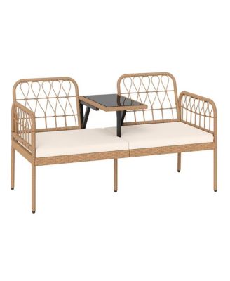 2-Seat PE Rattan Outdoor Loveseat with Coffee Table and Cushions