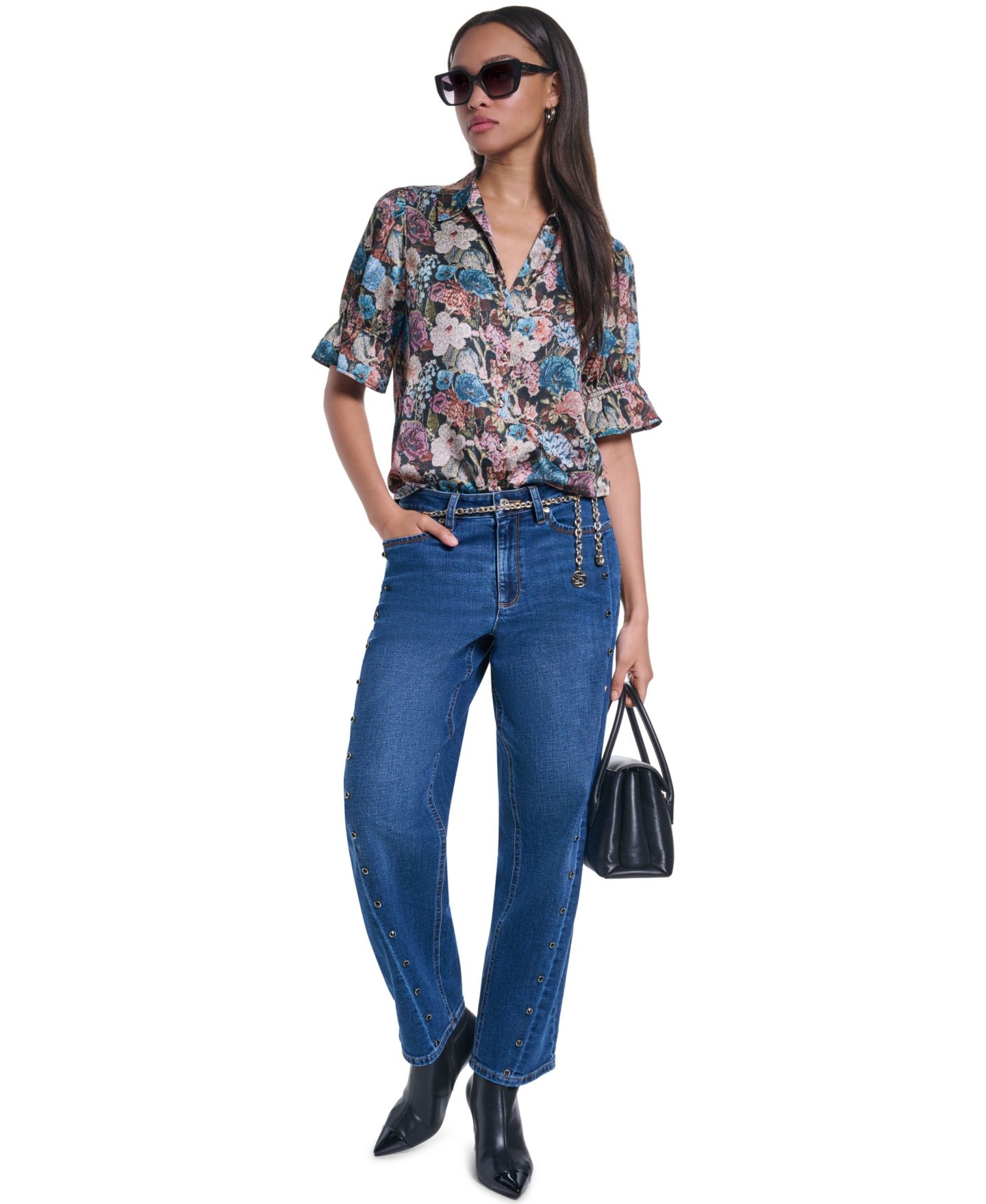Женская блузка KARL LAGERFELD PARIS Floral Brocade Print 3/4-Sleeve Button-Up Blouse, цвет: Чёрный разноцветный — фото 7
