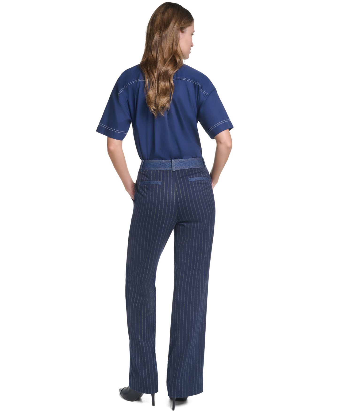 Женские брюки KARL LAGERFELD PARIS Striped Straight-Leg Denim Waistband, цвет: Тёмно-синий / Золотой — фото 5