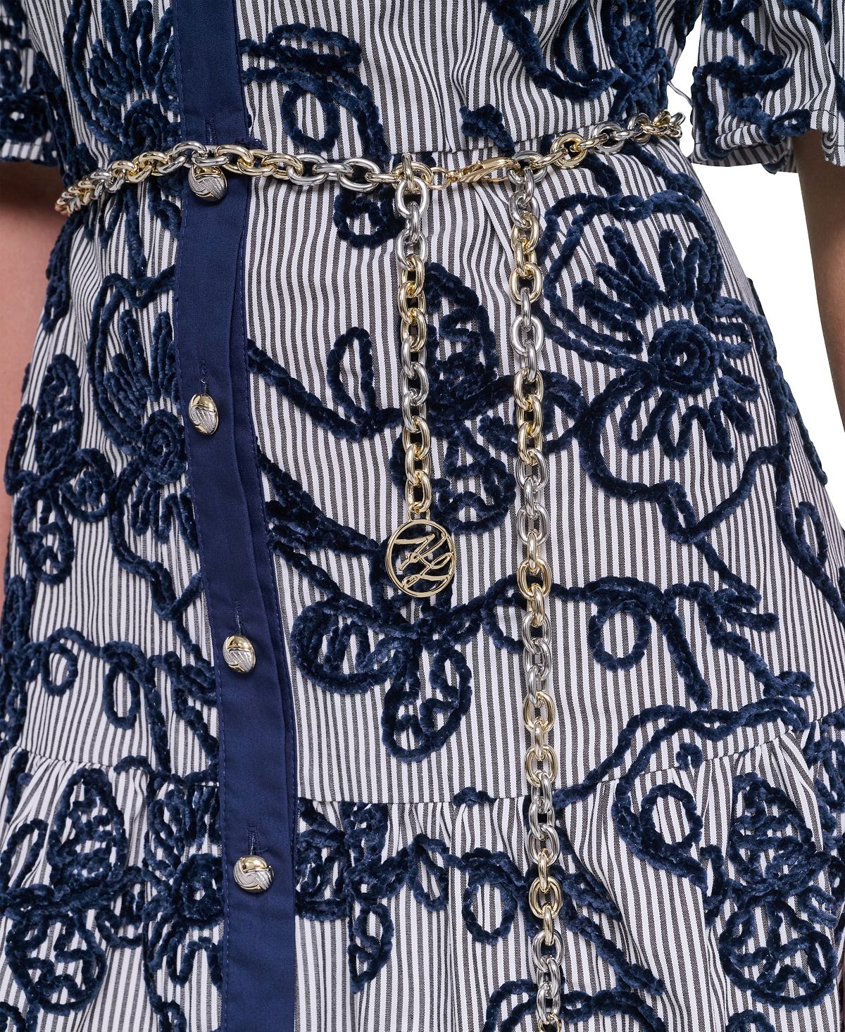 KARL LAGERFELD PARIS Women's Velvet Embroidery 3/4-Sleeve Chain Belt Dress view 4 — MAYCSS fashion products