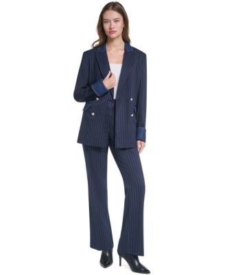 Women's Button-Front Collared Blazer and Striped Straight-Leg Denim Waistband Pants