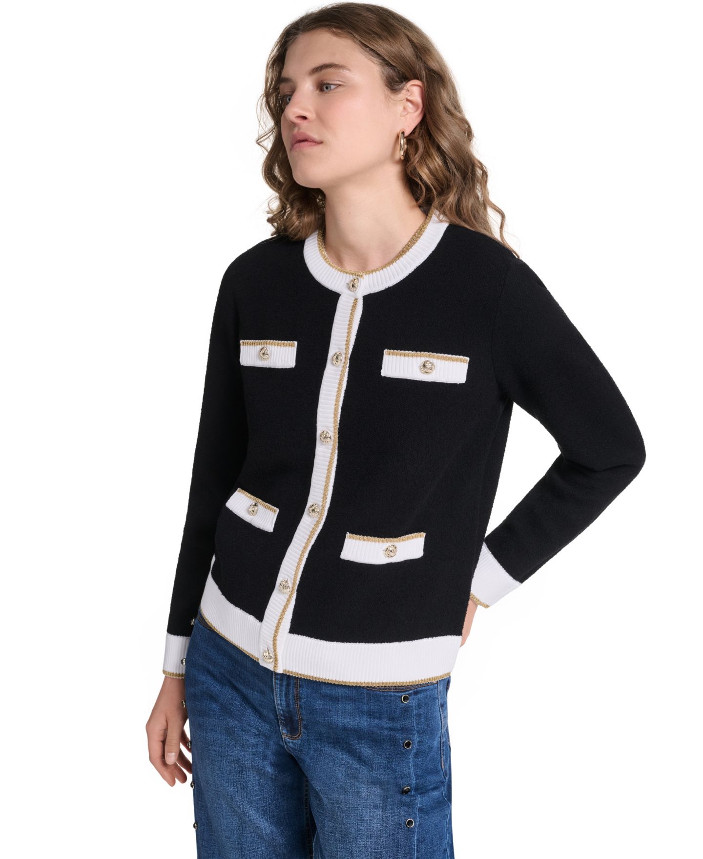 Женский кардиган KARL LAGERFELD PARIS Four-Pocket, цвет: Чёрный / Мягкий белый — фото 8