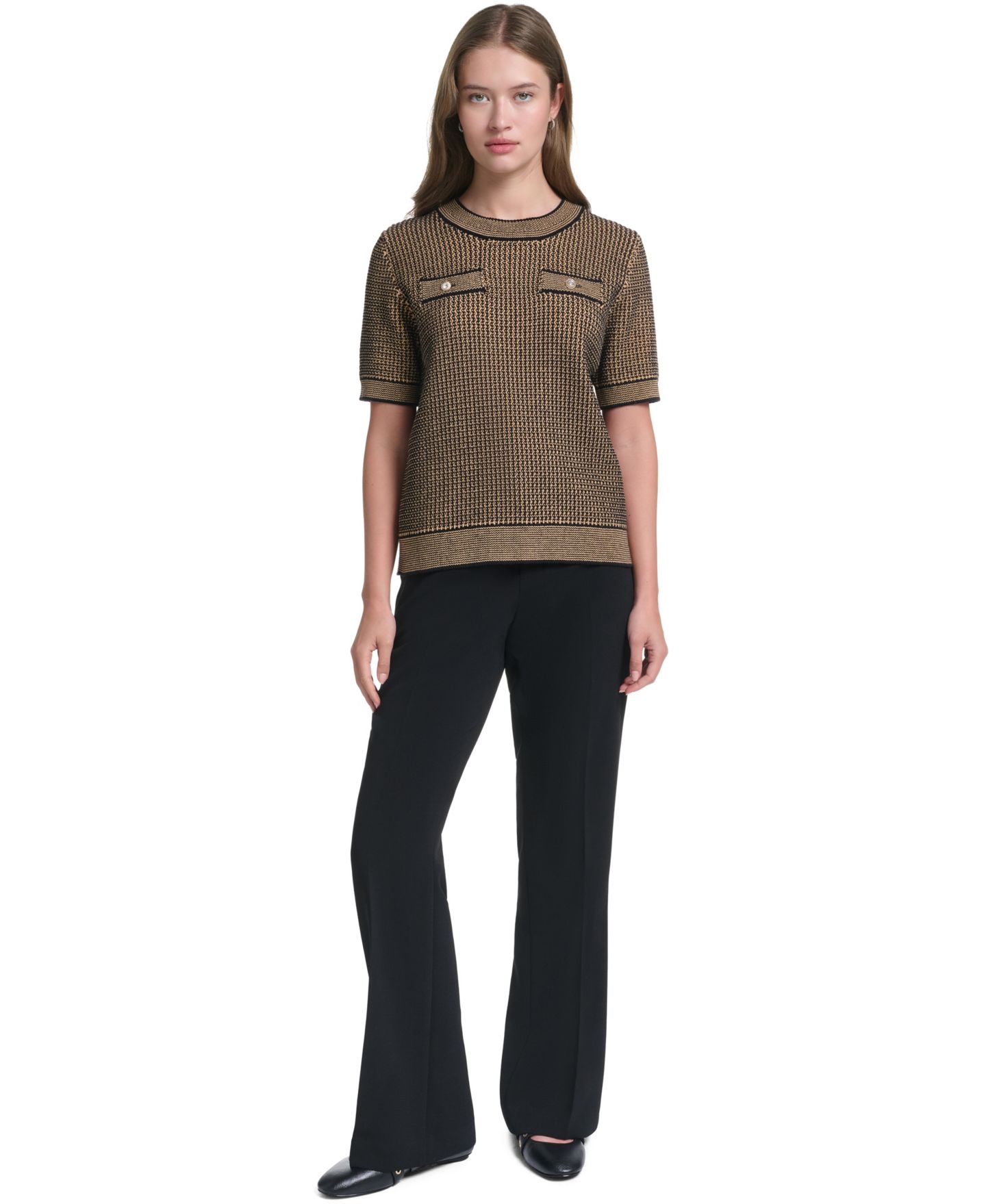 Женский свитер KARL LAGERFELD PARIS Short-Sleeve, цвет: Чёрный / Верблюжий — фото 2
