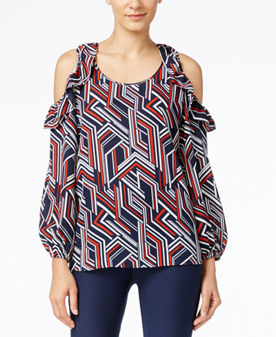 NY Collection Printed Ruffled Cold-Shoulder Top