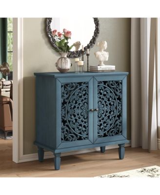 Vintage Carved Storage Cabinet with Solid Wood Legs, Double Door Accent Cabinet with Adjustable Shelf