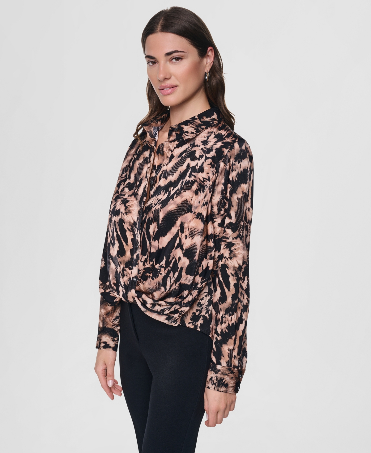 Dkny Women's Printed Twist-Front Long-Sleeve Shirt