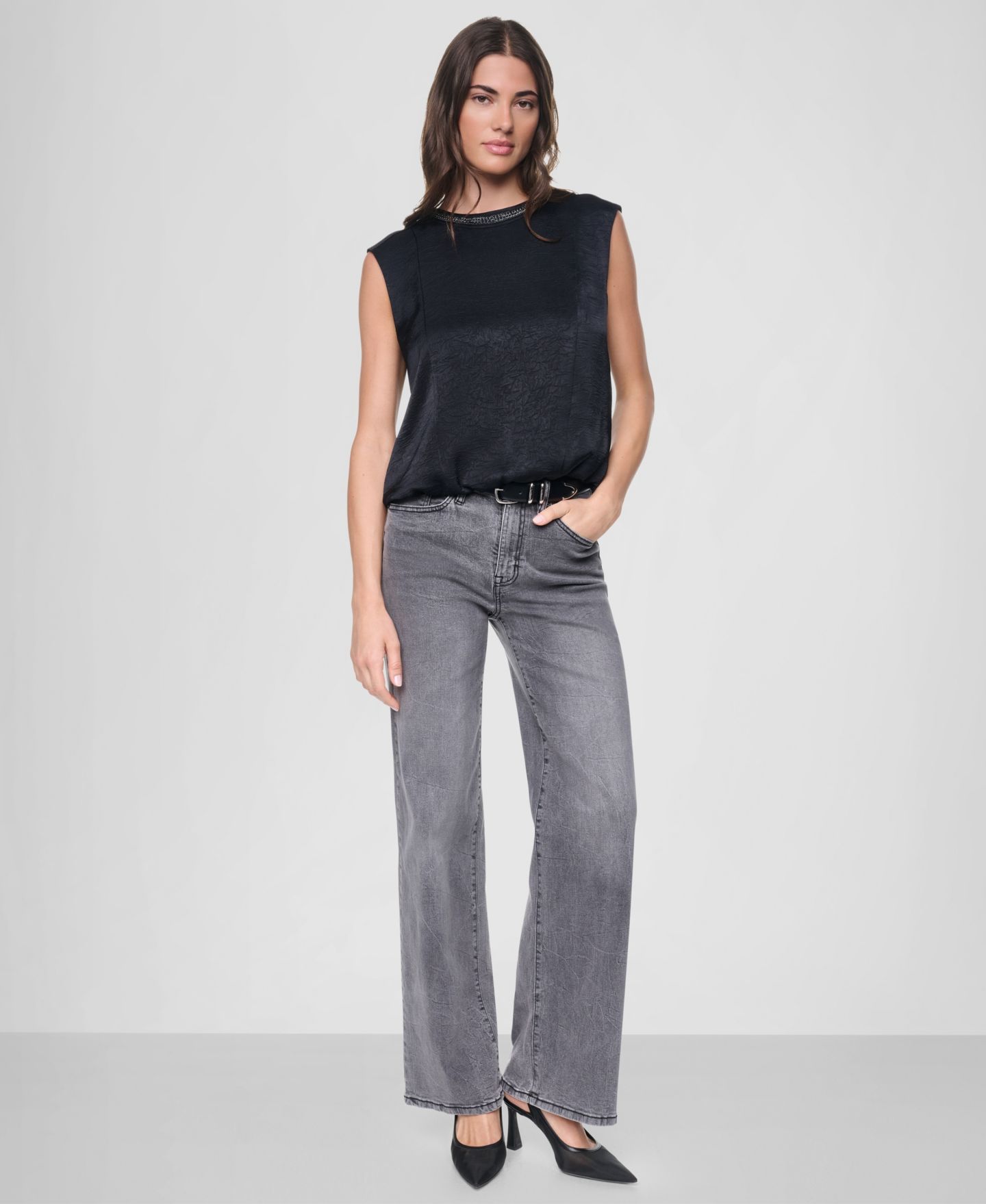 Женский топ DKNY с цепочкой на вороте и мятой фактурой, цвет: Чёрный — фото 6