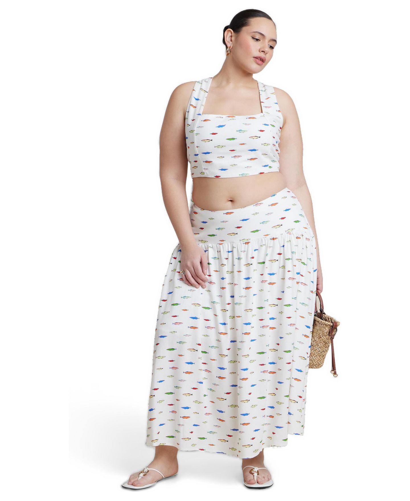 Женский топ ELOQUII Plus Size Printed Linen Crop, цвет: Fish Family — фото 3