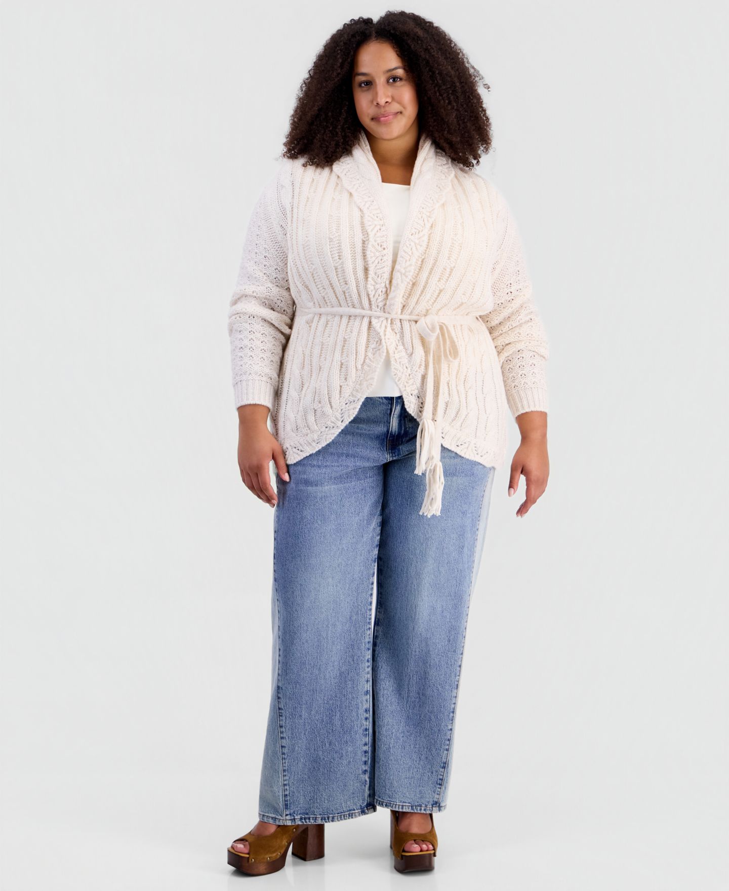 Женский кардиган And Now This Plus size Tie Pointelle Shawl Collar Drop-Shoulder, цвет: Меланжевый овсяный — фото 2