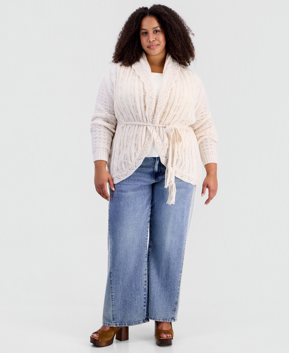And Now This Plus Tie Pointelle Shawl Collar Drop-Shoulder Cardigan, Macy's Exclusive