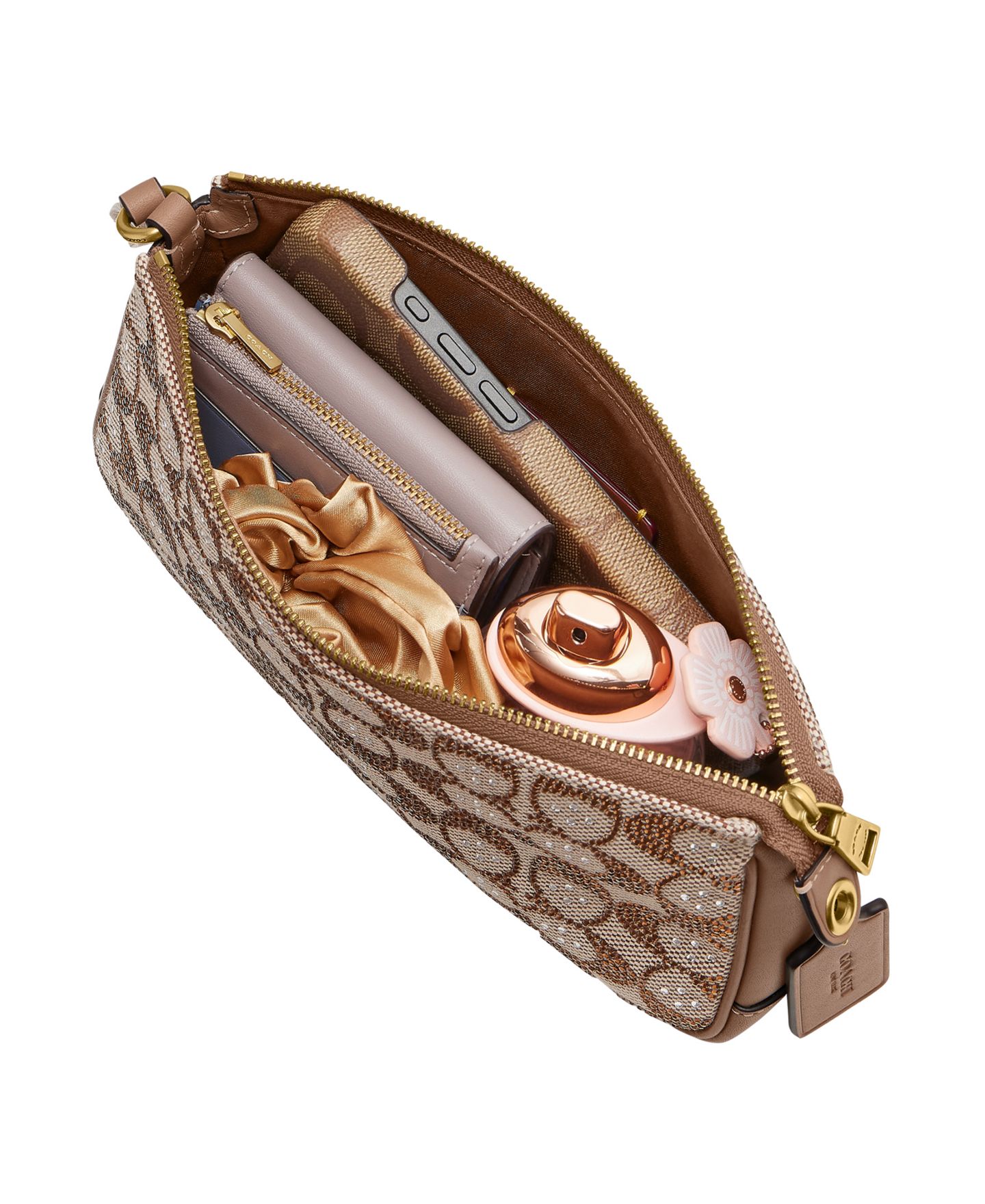 Женская сумка COACH Plaza Small Crystal Signature Jacquard Shoulder, цвет: Латунный / Серо-бежевый — фото 6