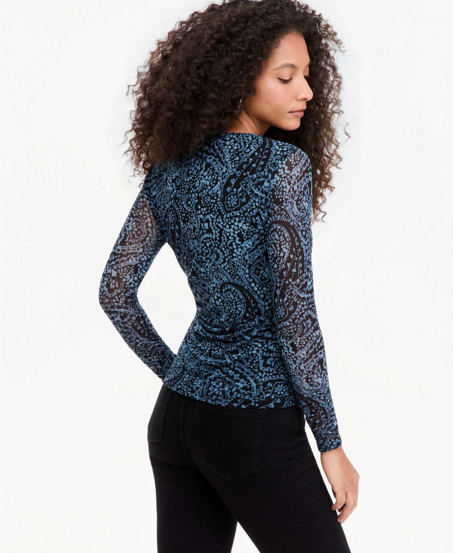 Женская футболка I.N.C. International Concepts Ruched Mesh Long-Sleeve Crewneck, цвет: Синий — фото 3