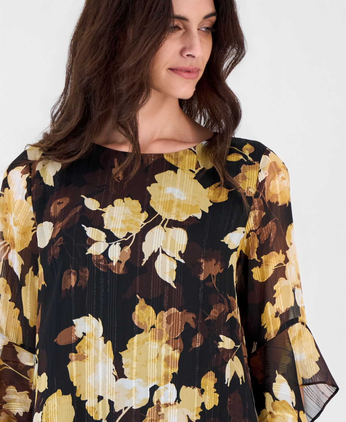 Kasper Women's Floral 3/4-Sleeve Ruffled Chiffon Blouse