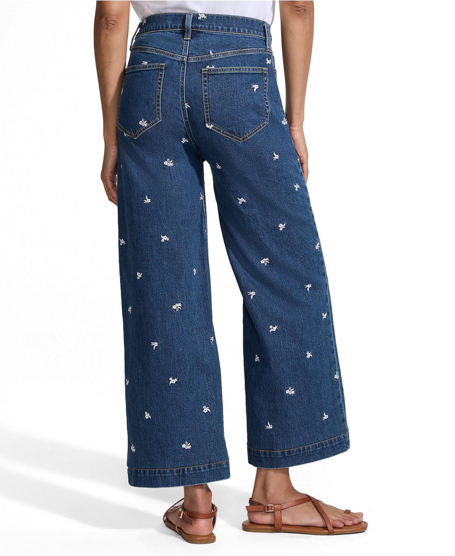 Petite Soft Denim High Rise Embroidered Wide Leg Crop Jeans