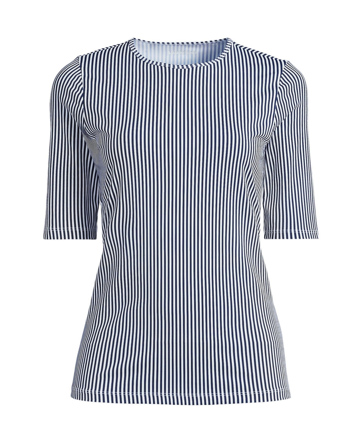 Lands' End Women's SunShade Upf 50 Elbow Sleeve Rash Guard Swim Tee - Deep sea navy mini stripe